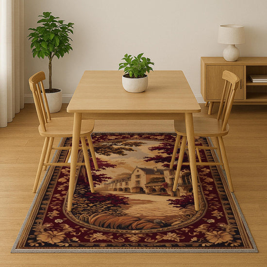 French Victorian tapestry rug with an antique floral border, depicting a charming old-town street scene in warm burgundy, gold, and cream tones.