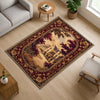 French Victorian tapestry rug with an antique floral border, depicting a charming old-town street scene in warm burgundy, gold, and cream tones.