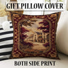 French Victorian tapestry rug with an antique floral border, depicting a charming old-town street scene in warm burgundy, gold, and cream tones.