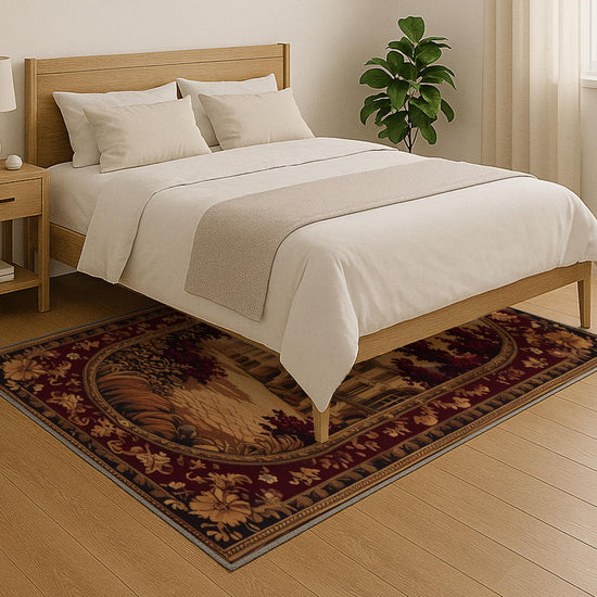 French Victorian tapestry rug with an antique floral border, depicting a charming old-town street scene in warm burgundy, gold, and cream tones.