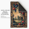 French Victorian chenille tapestry rug with ornate oriental frame, red and blue florals, grape clusters, and a romantic garden scene.