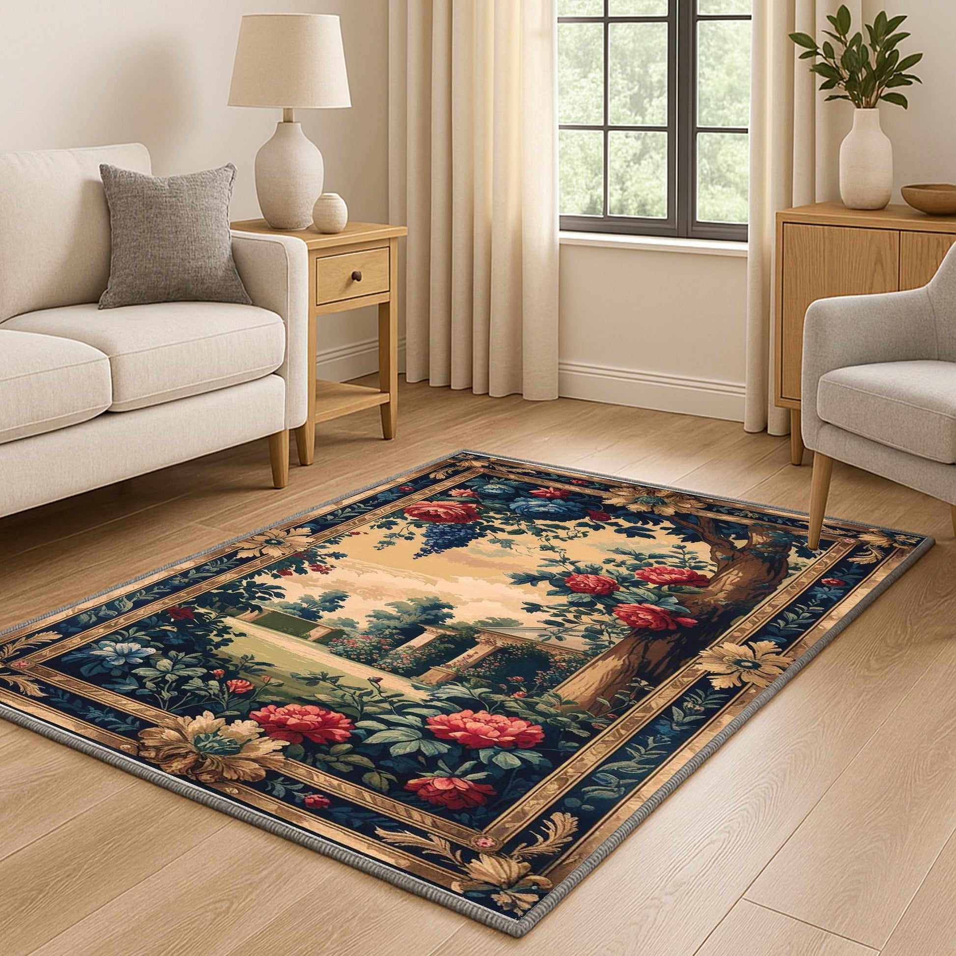 French Victorian chenille tapestry rug with ornate oriental frame, red and blue florals, grape clusters, and a romantic garden scene.