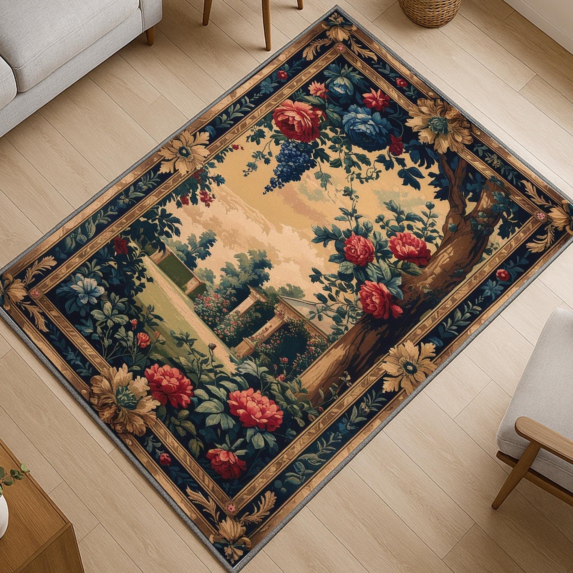 French Victorian chenille tapestry rug with ornate oriental frame, red and blue florals, grape clusters, and a romantic garden scene.
