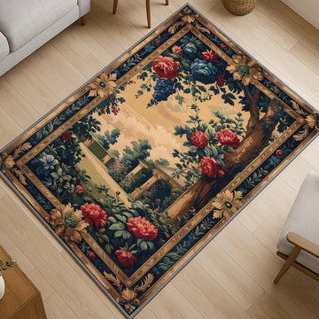French Victorian chenille tapestry rug with ornate oriental frame, red and blue florals, grape clusters, and a romantic garden scene.