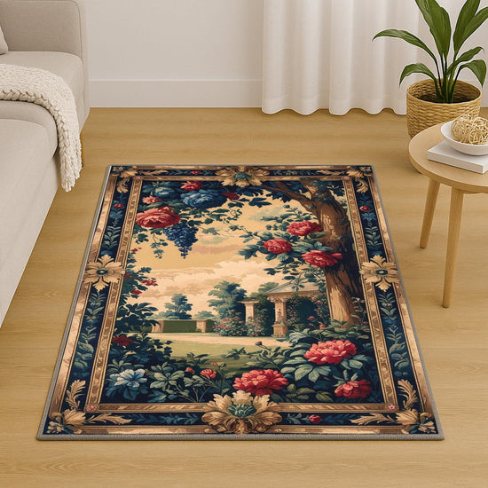 French Victorian chenille tapestry rug with ornate oriental frame, red and blue florals, grape clusters, and a romantic garden scene.
