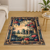 French Victorian chenille tapestry rug with ornate oriental frame, red and blue florals, grape clusters, and a romantic garden scene.