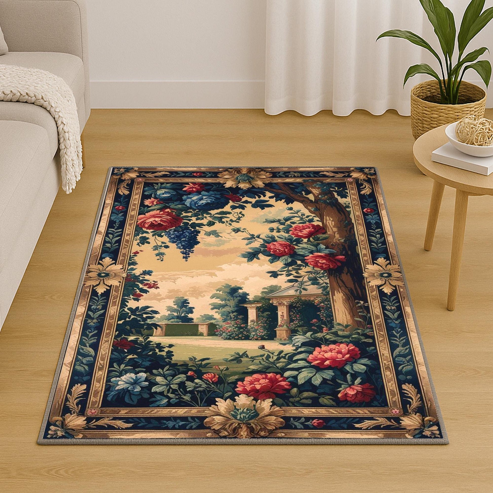 French Victorian chenille tapestry rug with ornate oriental frame, red and blue florals, grape clusters, and a romantic garden scene.