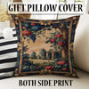 French Victorian chenille tapestry rug with ornate oriental frame, red and blue florals, grape clusters, and a romantic garden scene.