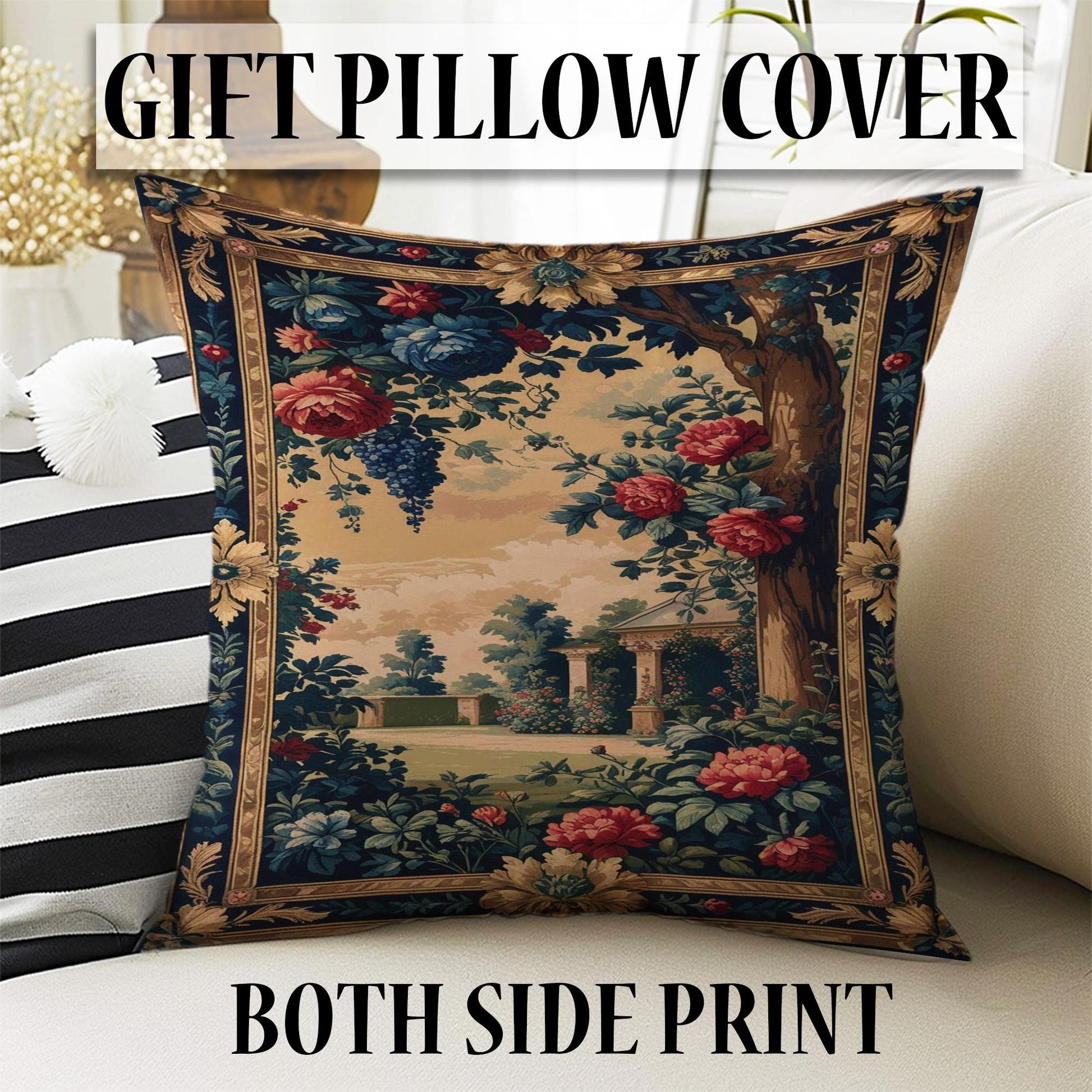 French Victorian chenille tapestry rug with ornate oriental frame, red and blue florals, grape clusters, and a romantic garden scene.