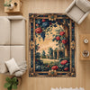 French Victorian chenille tapestry rug with ornate oriental frame, red and blue florals, grape clusters, and a romantic garden scene.