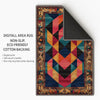Colorful geometric chenille rug with antique oriental border, featuring teal, gold, pink, and black shapes, washable and non-slip backing.