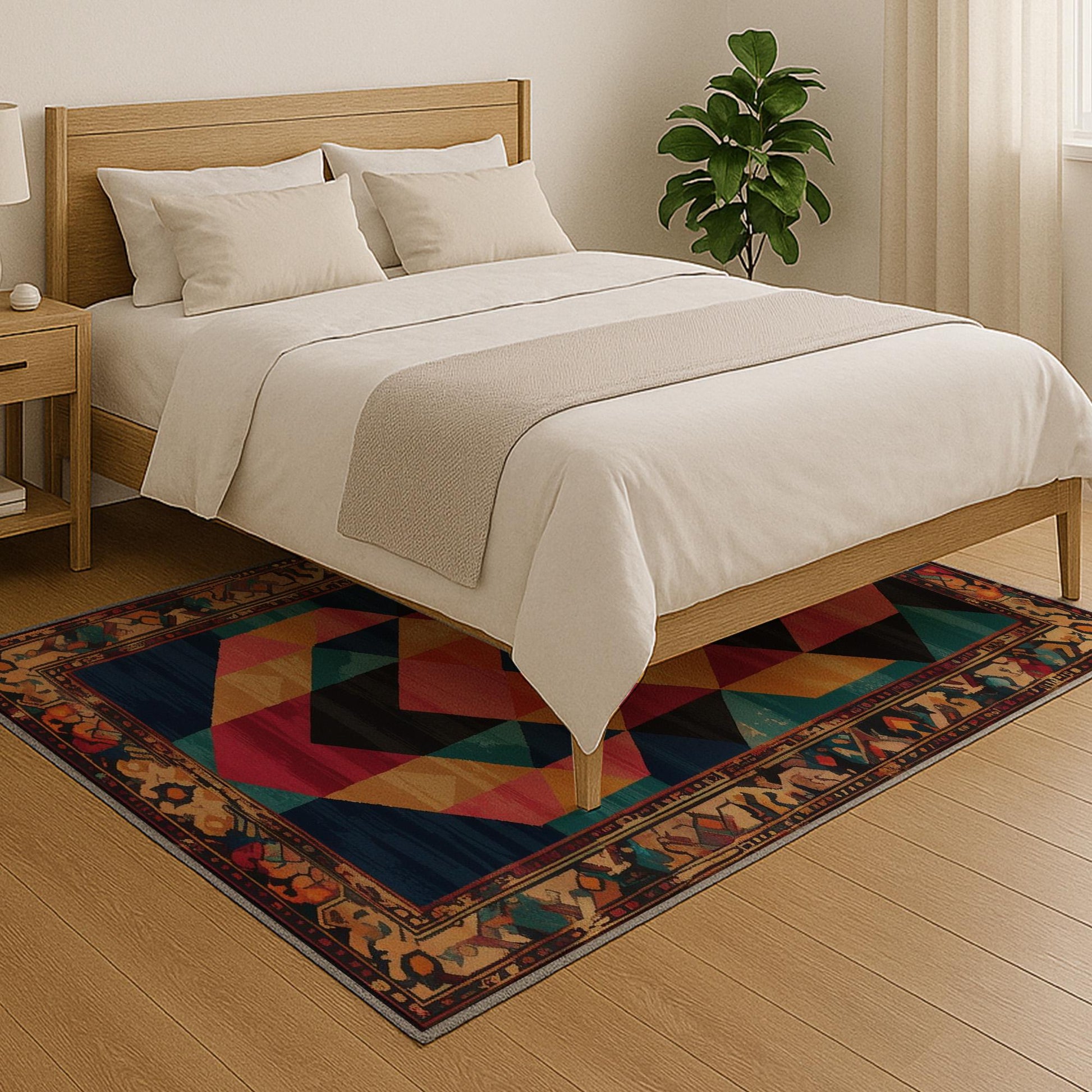 Colorful geometric chenille rug with antique oriental border, featuring teal, gold, pink, and black shapes, washable and non-slip backing.