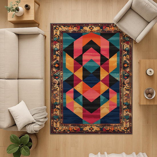 Colorful geometric chenille rug with antique oriental border, featuring teal, gold, pink, and black shapes, washable and non-slip backing.