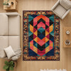 Colorful geometric chenille rug with antique oriental border, featuring teal, gold, pink, and black shapes, washable and non-slip backing.