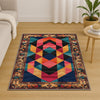 Colorful geometric chenille rug with antique oriental border, featuring teal, gold, pink, and black shapes, washable and non-slip backing.