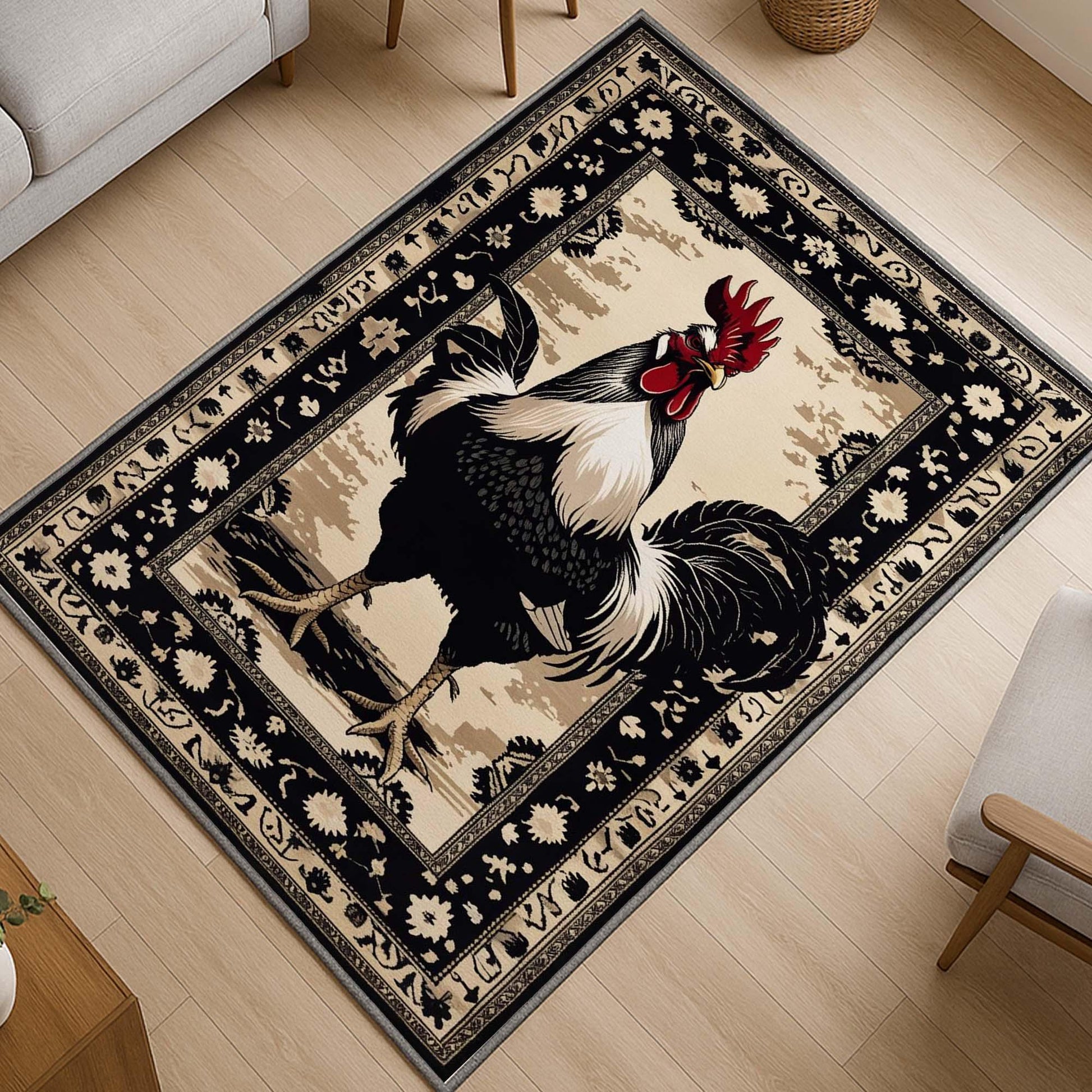 Vintage rooster kitchen rug with oriental black floral border, washable chenille surface, rustic farmhouse style, perfect for kitchen or entryway.
