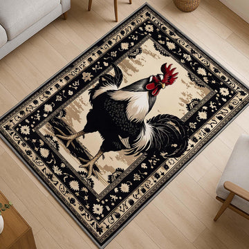 Vintage rooster kitchen rug with oriental black floral border, washable chenille surface, rustic farmhouse style, perfect for kitchen or entryway.