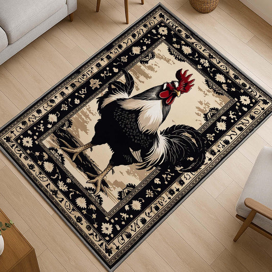 Vintage rooster kitchen rug with oriental black floral border, washable chenille surface, rustic farmhouse style, perfect for kitchen or entryway.