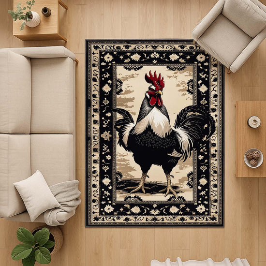 Vintage rooster kitchen rug with oriental black floral border, washable chenille surface, rustic farmhouse style, perfect for kitchen or entryway.