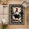 Vintage rooster kitchen rug with oriental black floral border, washable chenille surface, rustic farmhouse style, perfect for kitchen or entryway.