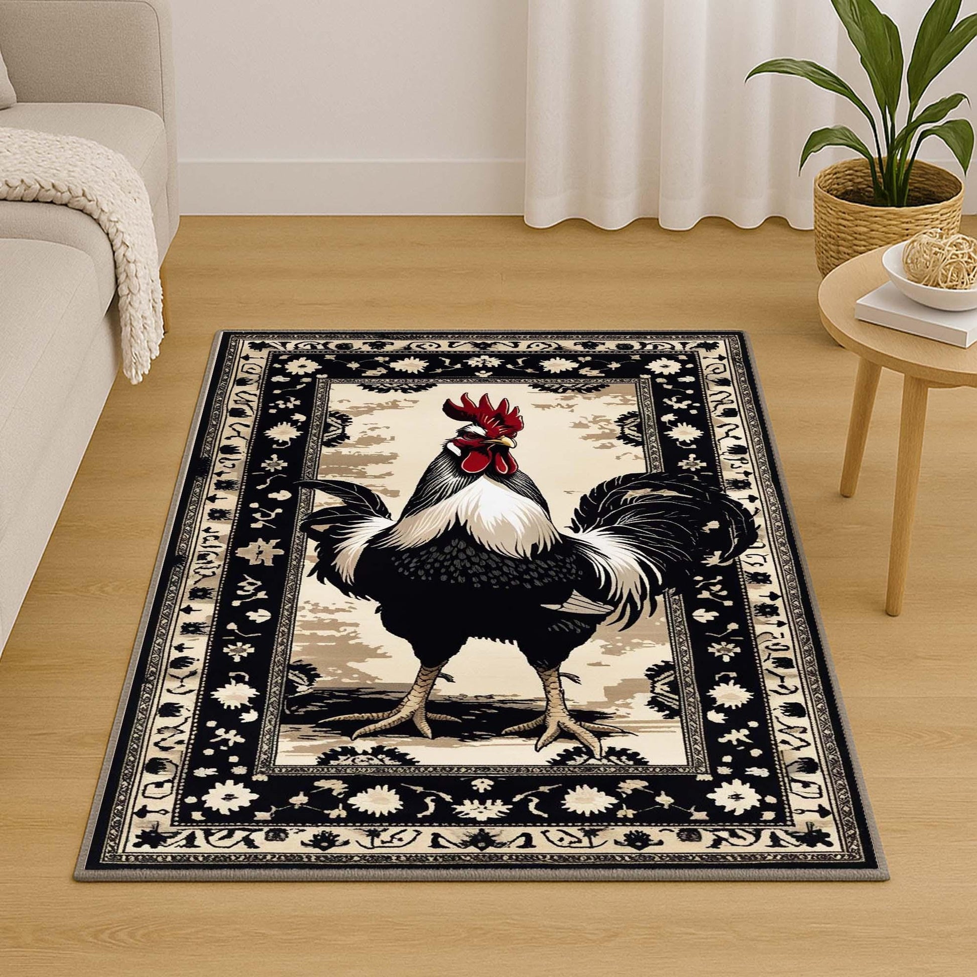 Vintage rooster kitchen rug with oriental black floral border, washable chenille surface, rustic farmhouse style, perfect for kitchen or entryway.