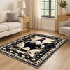 Vintage rooster kitchen rug with oriental black floral border, washable chenille surface, rustic farmhouse style, perfect for kitchen or entryway.
