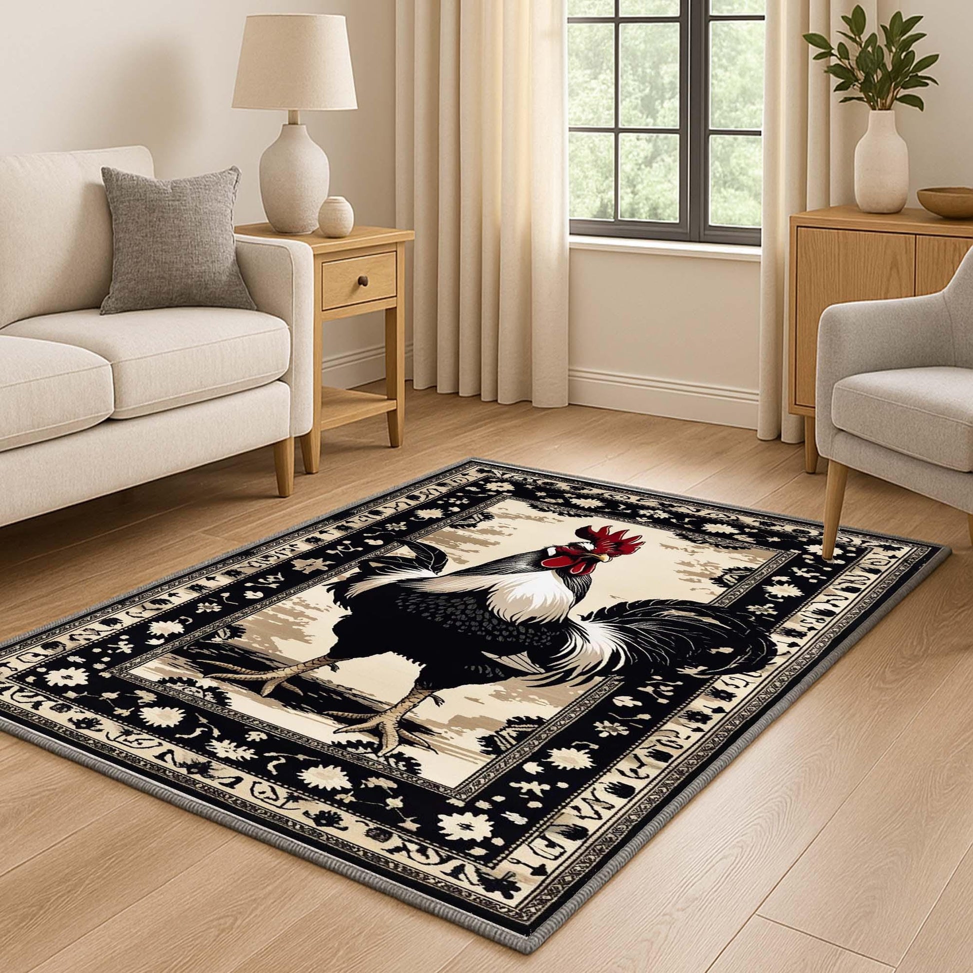 Vintage rooster kitchen rug with oriental black floral border, washable chenille surface, rustic farmhouse style, perfect for kitchen or entryway.