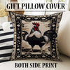 Vintage rooster kitchen rug with oriental black floral border, washable chenille surface, rustic farmhouse style, perfect for kitchen or entryway.