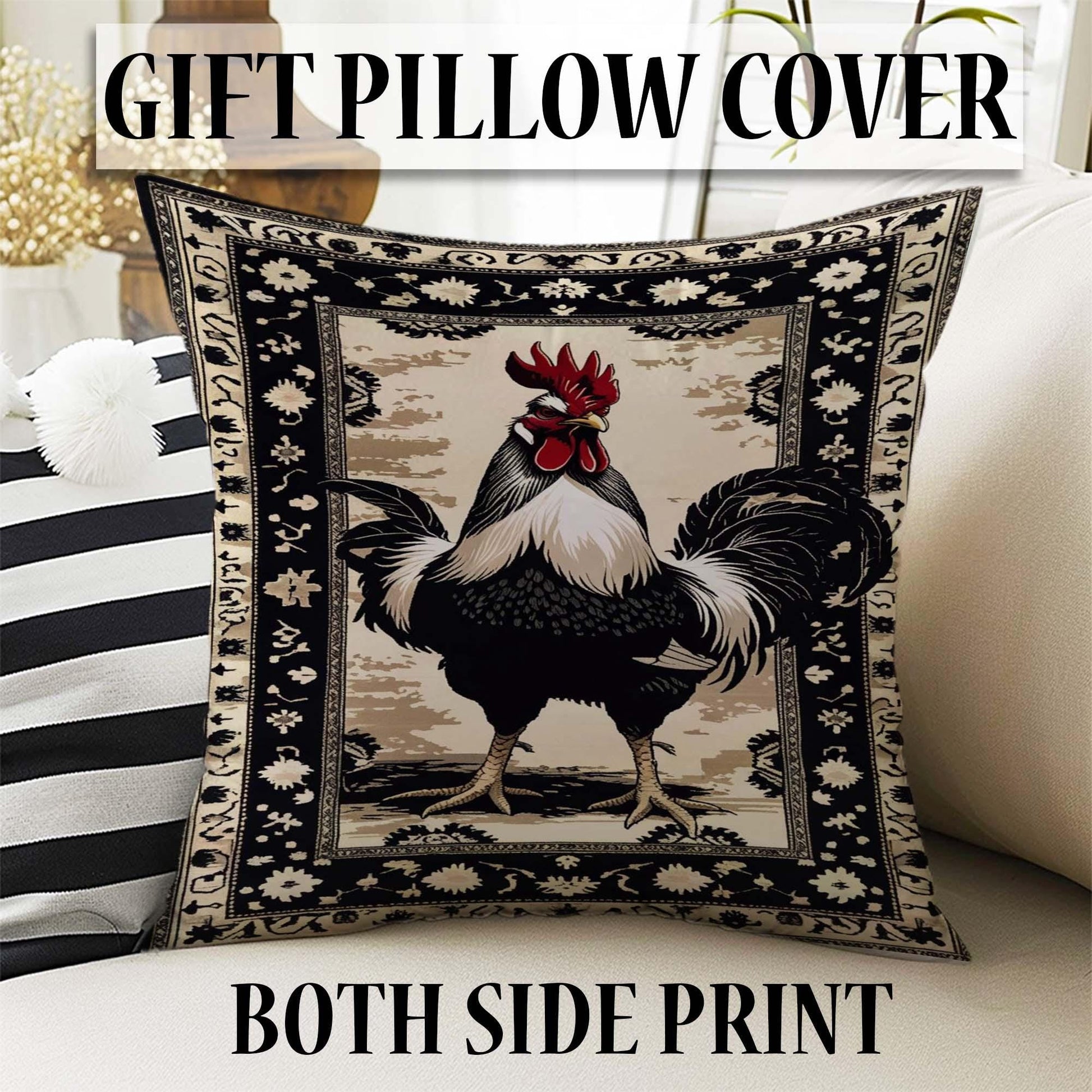 Vintage rooster kitchen rug with oriental black floral border, washable chenille surface, rustic farmhouse style, perfect for kitchen or entryway.