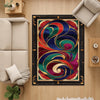 Swirling abstract chenille rug with vibrant navy, green, red, and purple curves outlined in gold, framed by an ornate oriental border, washable with non-slip backing.
