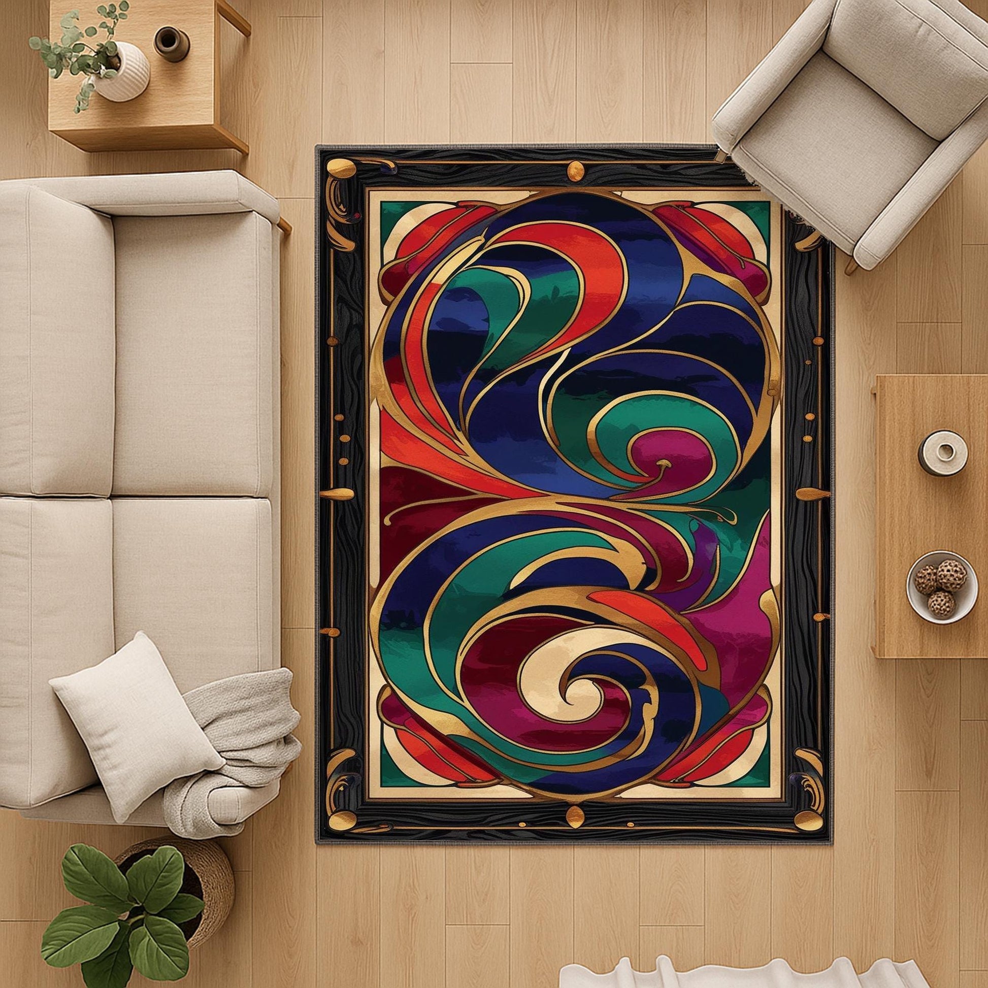 Swirling abstract chenille rug with vibrant navy, green, red, and purple curves outlined in gold, framed by an ornate oriental border, washable with non-slip backing.