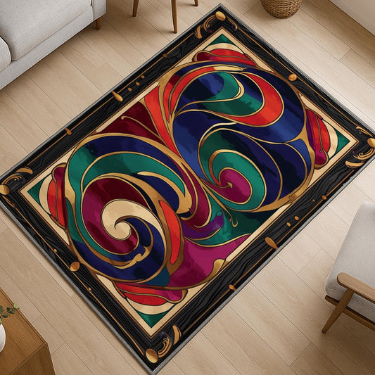 Swirling abstract chenille rug with vibrant navy, green, red, and purple curves outlined in gold, framed by an ornate oriental border, washable with non-slip backing.