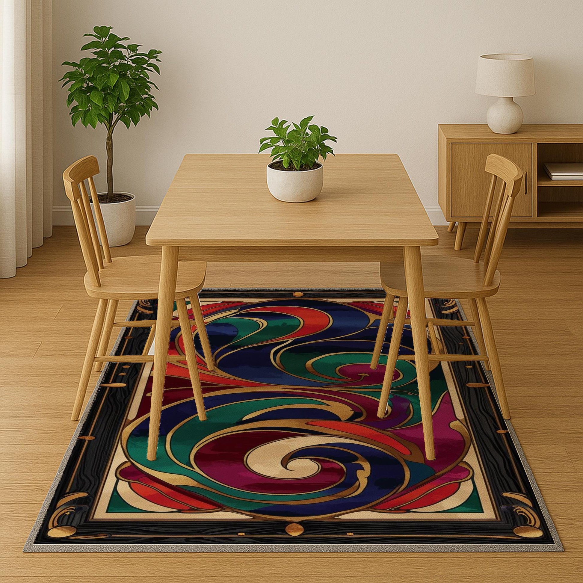 Swirling abstract chenille rug with vibrant navy, green, red, and purple curves outlined in gold, framed by an ornate oriental border, washable with non-slip backing.