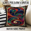 Swirling abstract chenille rug with vibrant navy, green, red, and purple curves outlined in gold, framed by an ornate oriental border, washable with non-slip backing.