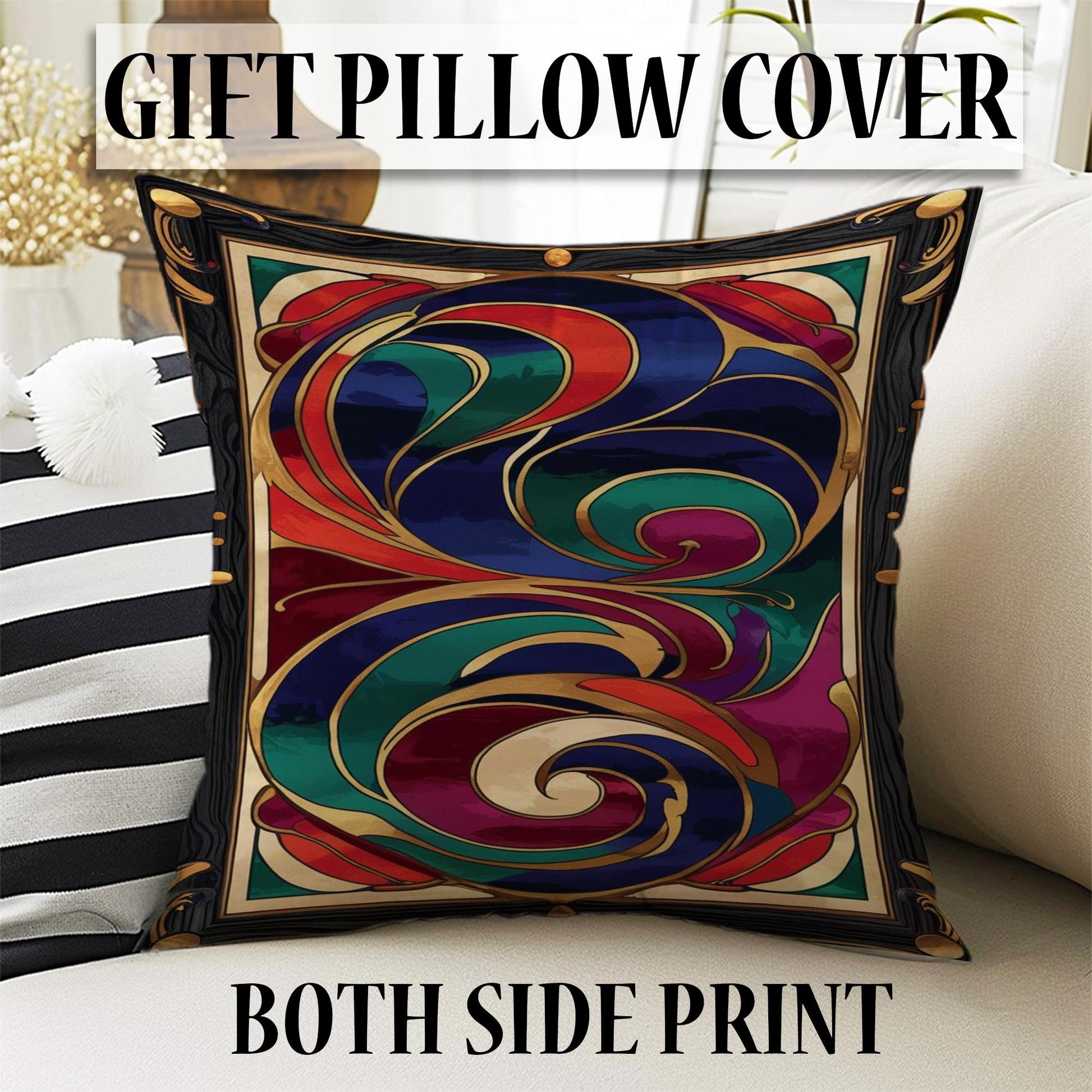 Swirling abstract chenille rug with vibrant navy, green, red, and purple curves outlined in gold, framed by an ornate oriental border, washable with non-slip backing.