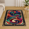 Swirling abstract chenille rug with vibrant navy, green, red, and purple curves outlined in gold, framed by an ornate oriental border, washable with non-slip backing.
