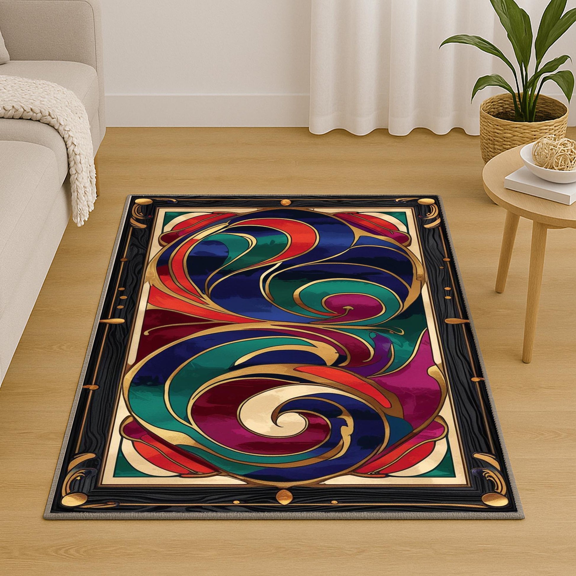 Swirling abstract chenille rug with vibrant navy, green, red, and purple curves outlined in gold, framed by an ornate oriental border, washable with non-slip backing.
