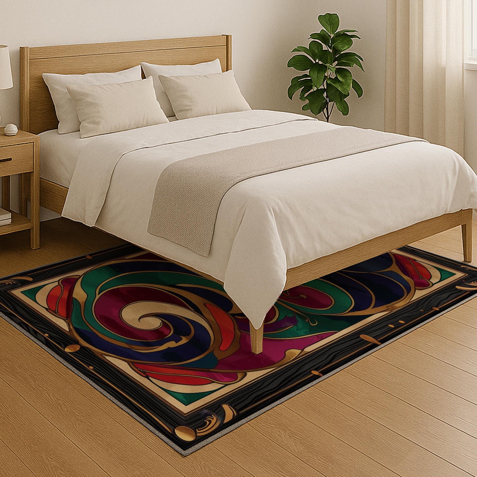 Swirling abstract chenille rug with vibrant navy, green, red, and purple curves outlined in gold, framed by an ornate oriental border, washable with non-slip backing.