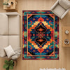 Colorful Southwestern tribal chenille rug featuring bold turquoise, orange, red, and black geometric patterns, washable with non-slip recycled cotton backing.