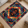 Colorful Southwestern tribal chenille rug featuring bold turquoise, orange, red, and black geometric patterns, washable with non-slip recycled cotton backing.