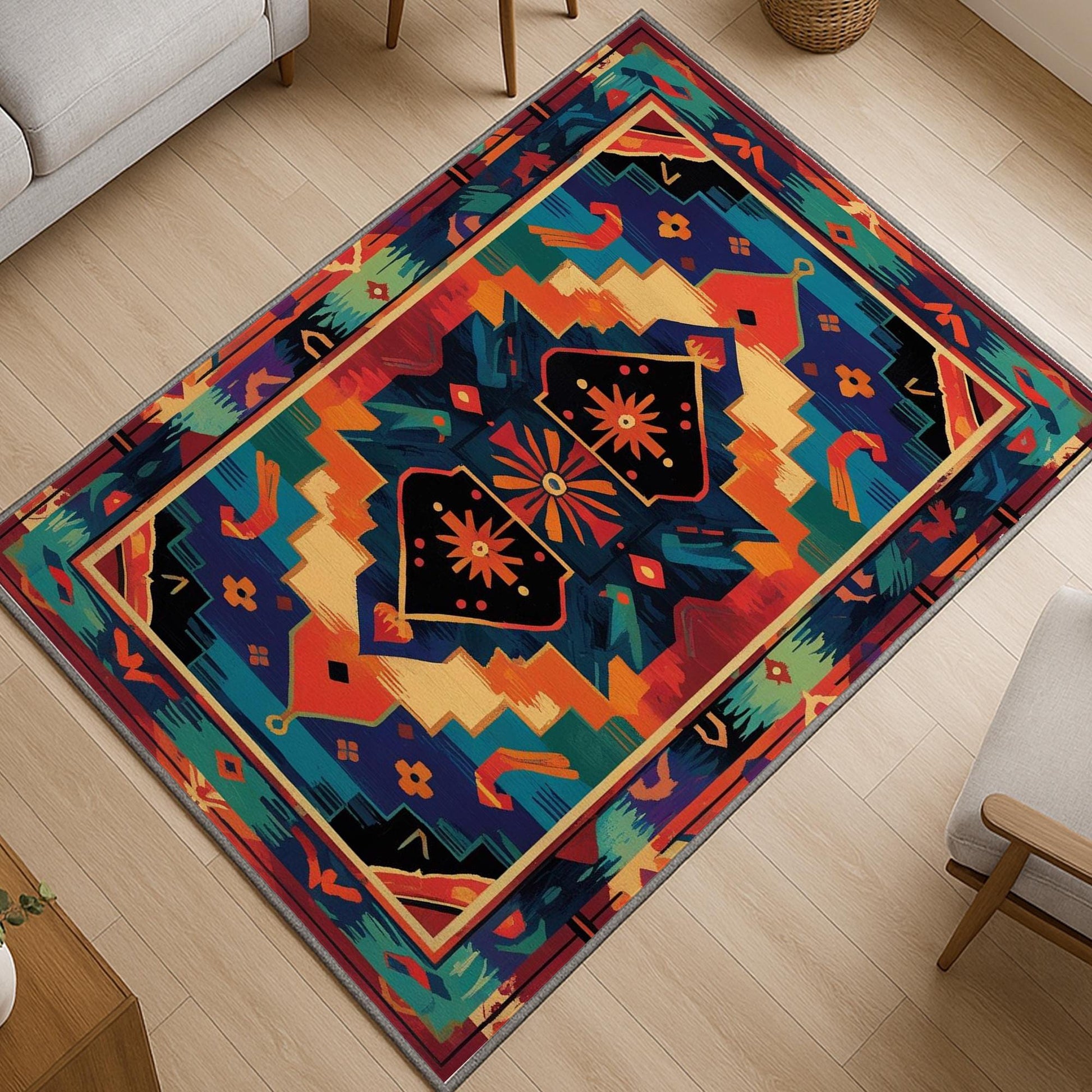 Colorful Southwestern tribal chenille rug featuring bold turquoise, orange, red, and black geometric patterns, washable with non-slip recycled cotton backing.