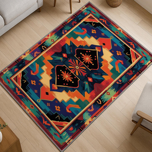 Colorful Southwestern tribal chenille rug featuring bold turquoise, orange, red, and black geometric patterns, washable with non-slip recycled cotton backing.