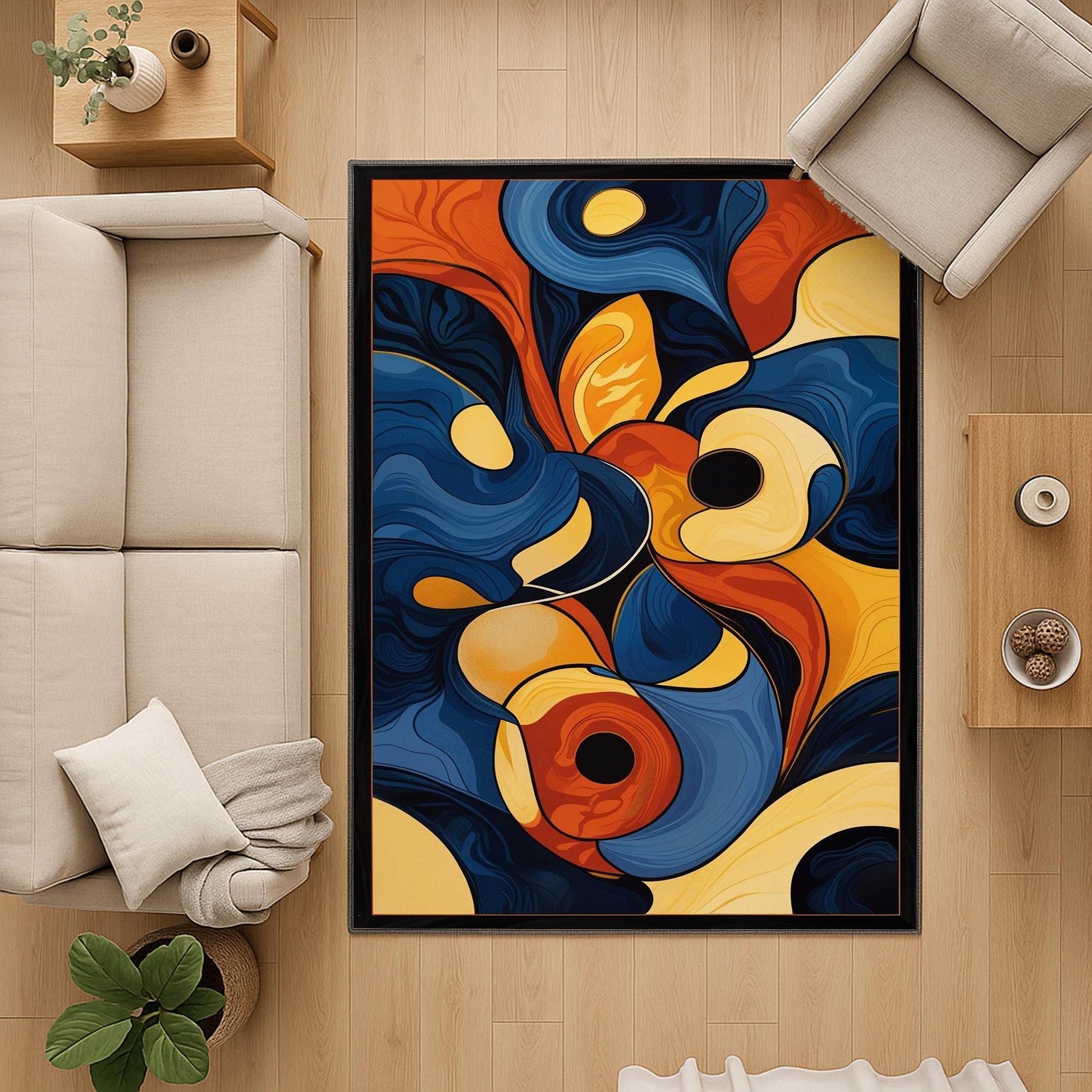 Modern abstract chenille rug with fluid shapes in navy, orange, golden yellow, and beige, washable with non-slip recycled cotton backing.