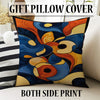 Modern abstract chenille rug with fluid shapes in navy, orange, golden yellow, and beige, washable with non-slip recycled cotton backing.