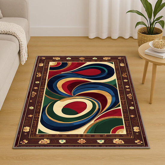 Oriental floral border chenille rug with swirling abstract center in blue, green, red, and gold, washable with non-slip recycled cotton backing.