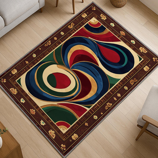 Oriental floral border chenille rug with swirling abstract center in blue, green, red, and gold, washable with non-slip recycled cotton backing.