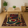 Oriental floral border chenille rug with swirling abstract center in blue, green, red, and gold, washable with non-slip recycled cotton backing.