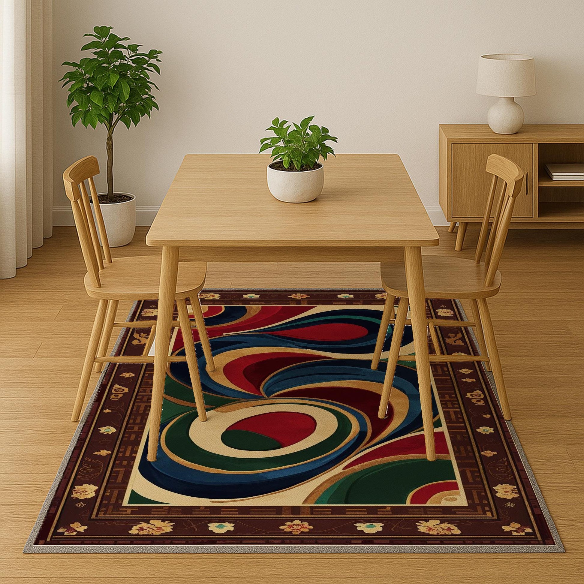 Oriental floral border chenille rug with swirling abstract center in blue, green, red, and gold, washable with non-slip recycled cotton backing.