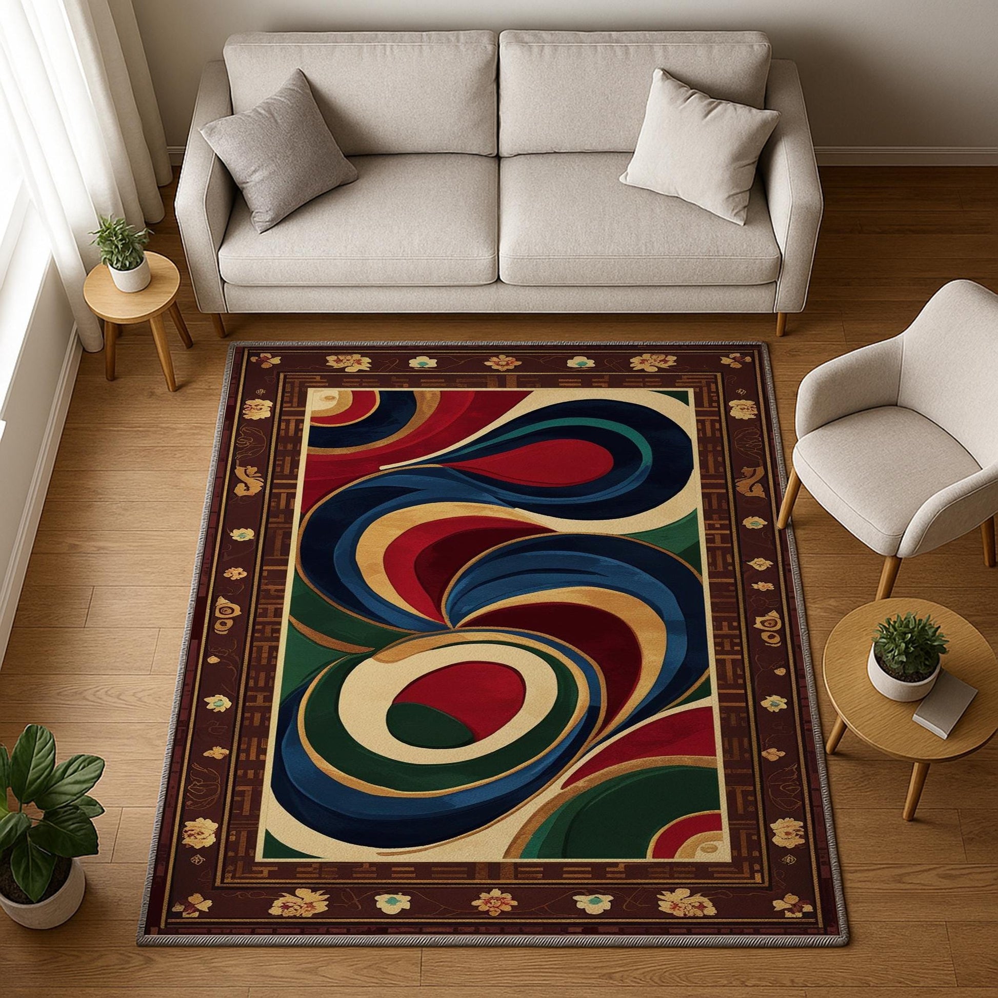 Oriental floral border chenille rug with swirling abstract center in blue, green, red, and gold, washable with non-slip recycled cotton backing.