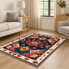 Oriental navy and red tribal chenille rug with burnt orange and beige accents, washable with non-slip recycled cotton backing.